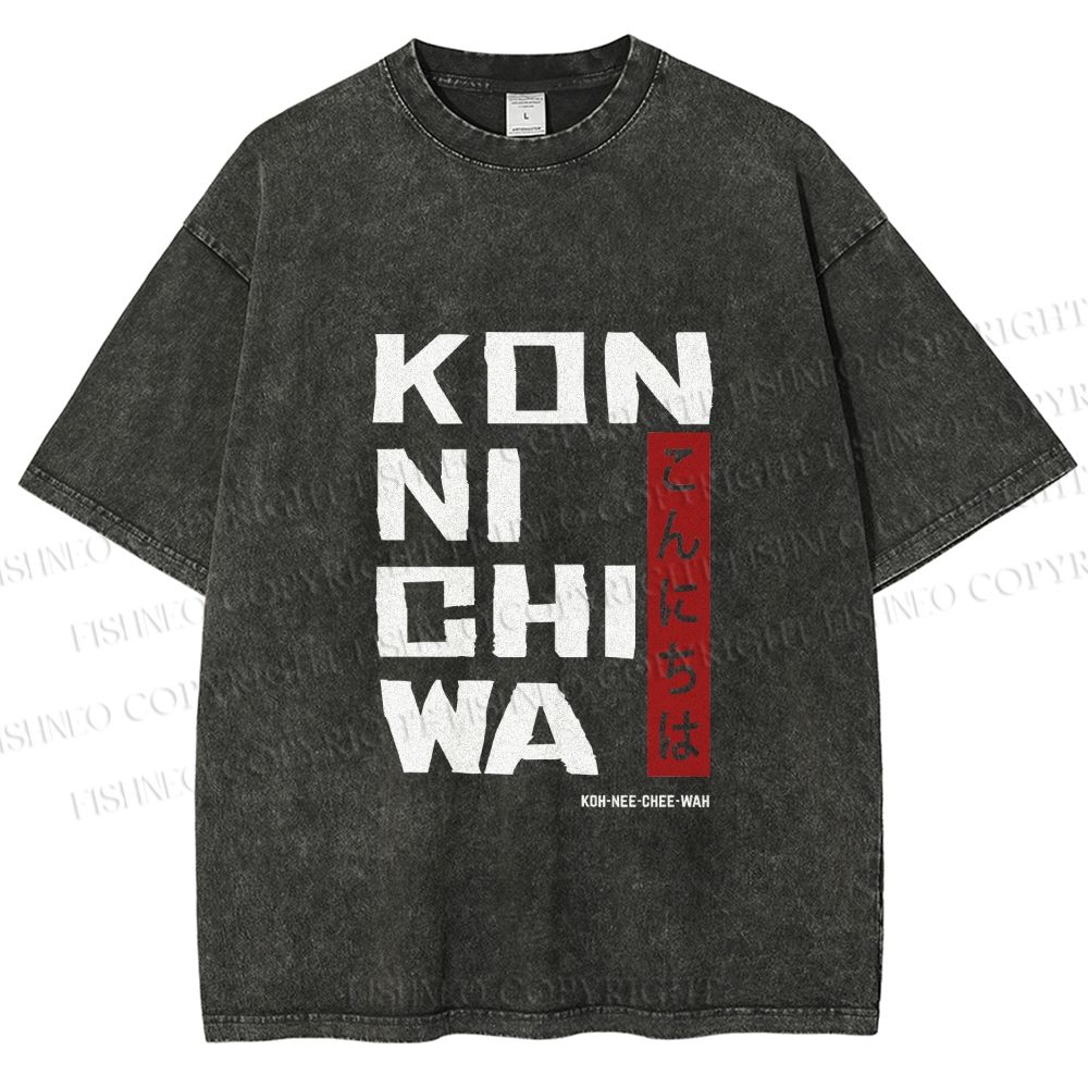 Unisex Konnichiwa Japanese Typography Art Printed Washed Tee