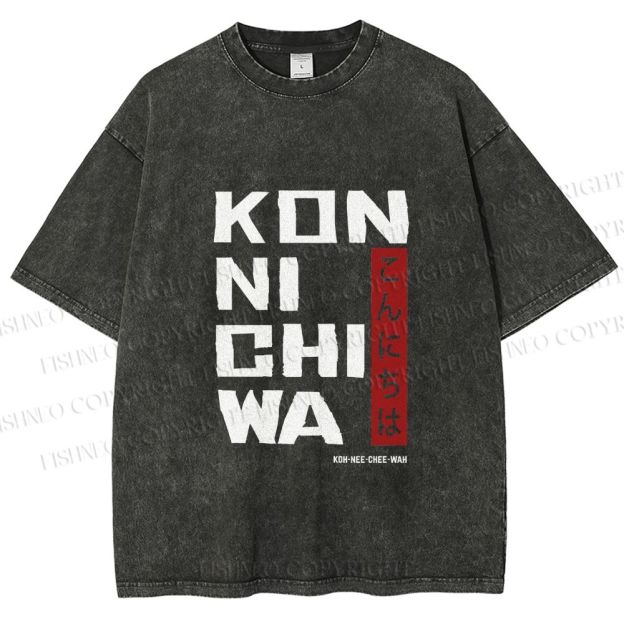 Unisex Konnichiwa Japanese Typography Art Printed Washed Tee