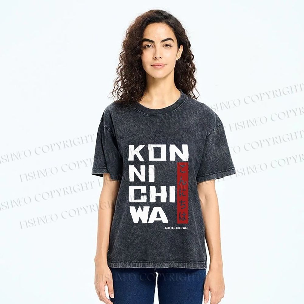 Unisex Konnichiwa Japanese Typography Art Printed Washed Tee