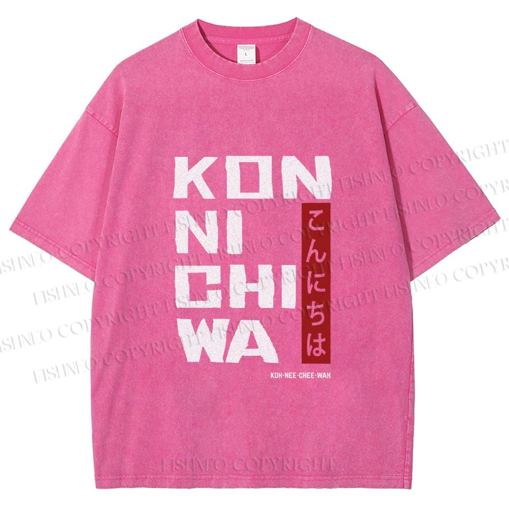 Unisex Konnichiwa Japanese Typography Art Printed Washed Tee