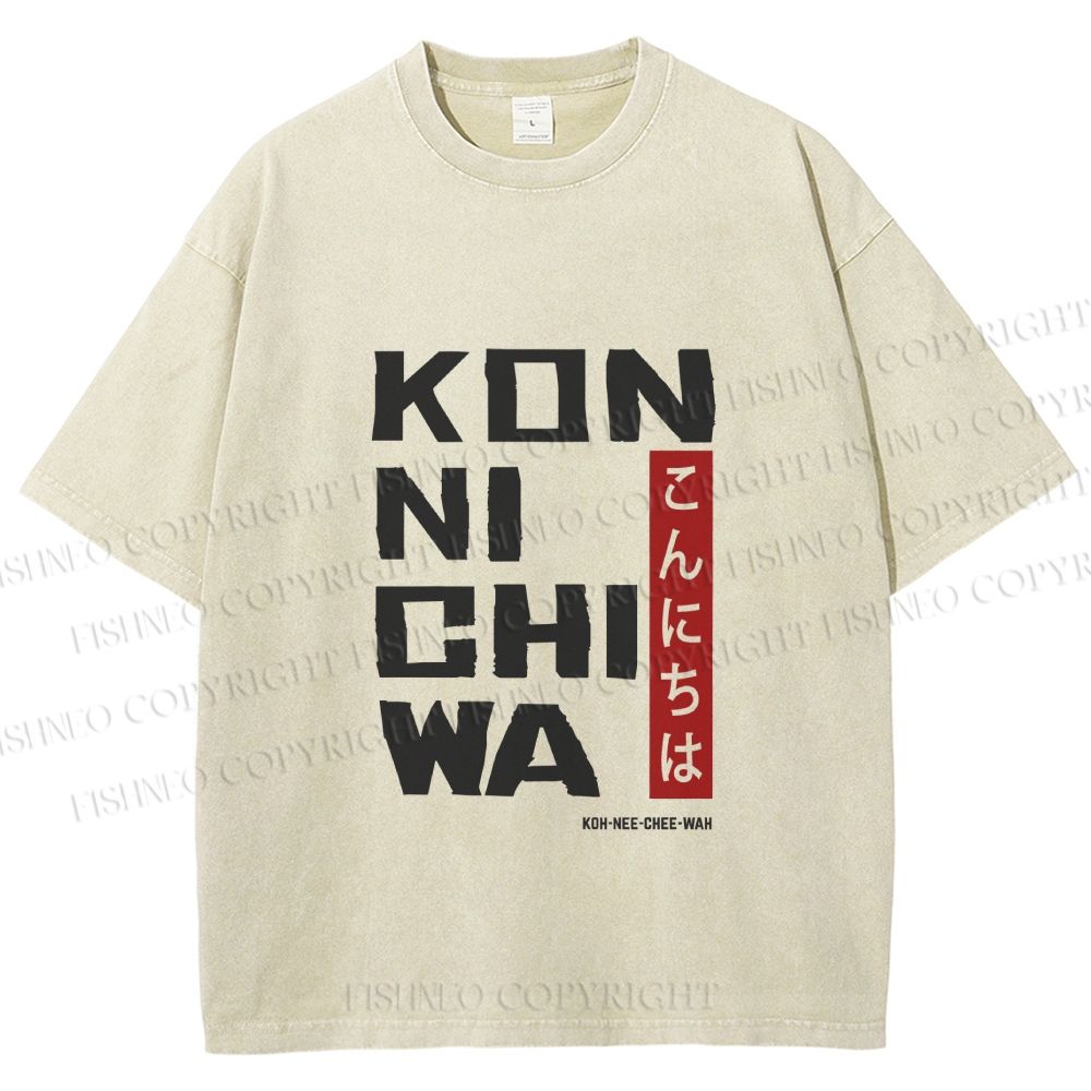 Unisex Konnichiwa Japanese Typography Art Printed Washed Tee