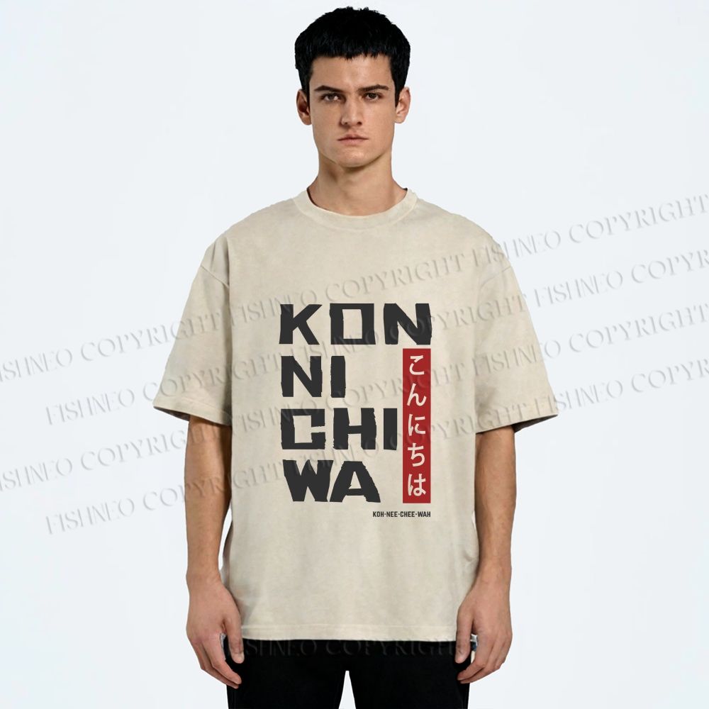 Unisex Konnichiwa Japanese Typography Art Printed Washed Tee