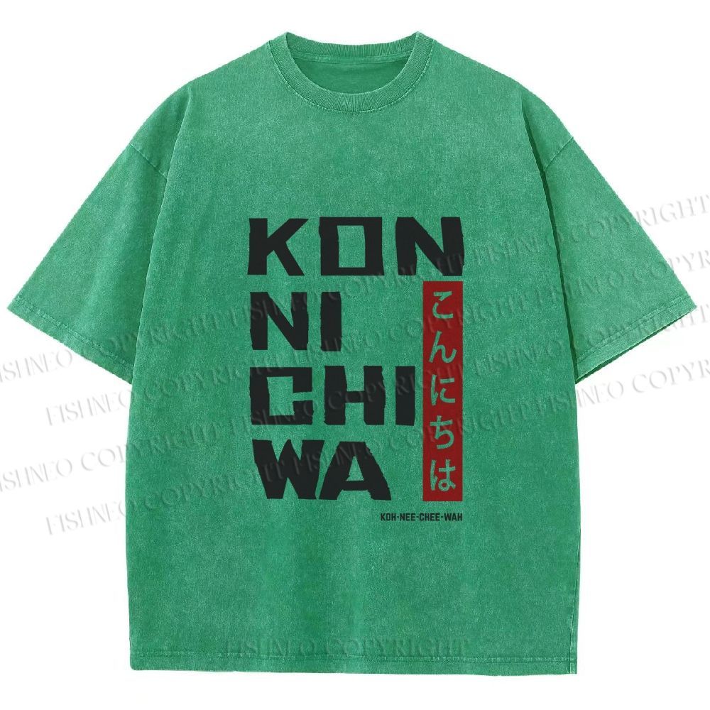 Unisex Konnichiwa Japanese Typography Art Printed Washed Tee