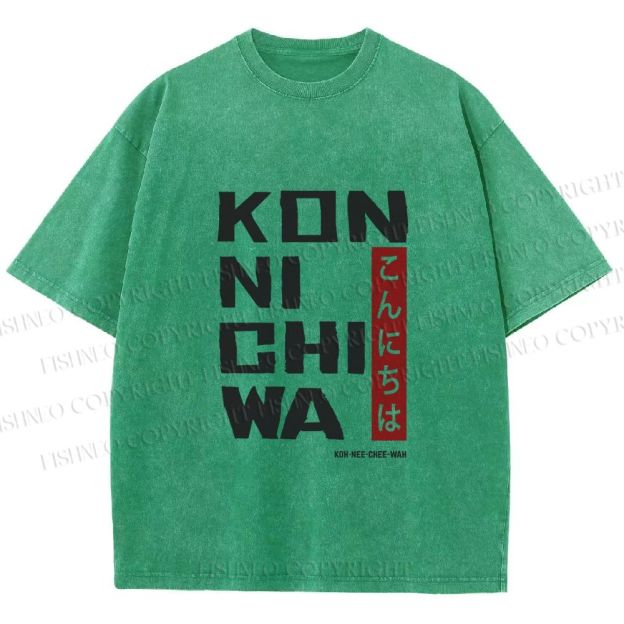 Unisex Konnichiwa Japanese Typography Art Printed Washed Tee