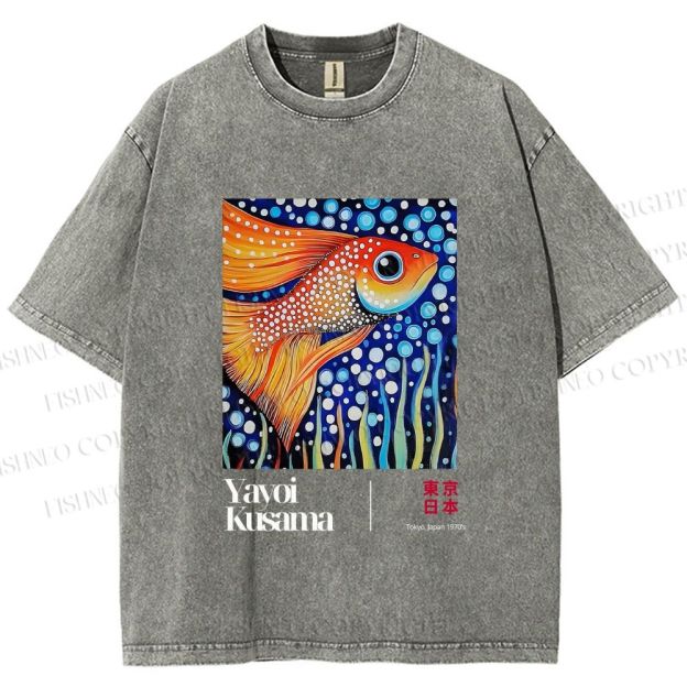 Unisex Yayoi Kusama Fish Printed Washed Tee