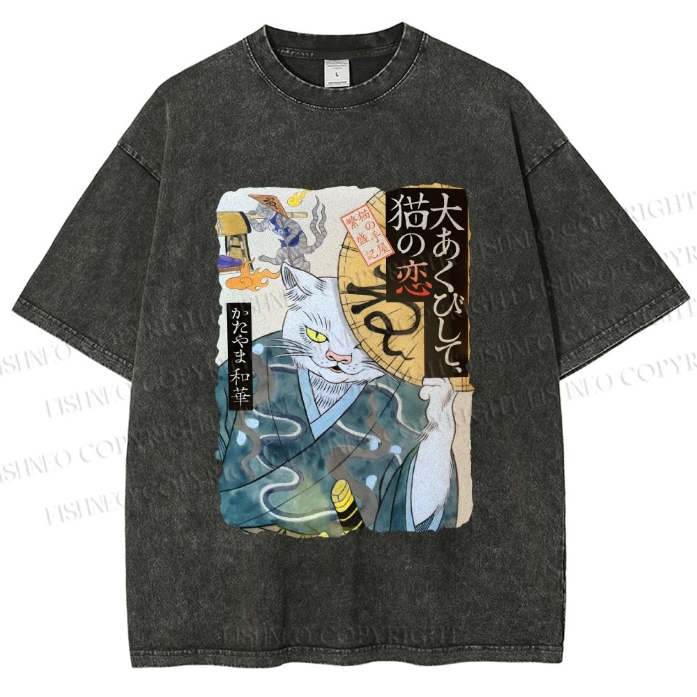 Unisex Ayako Ishiguro Japanese Ukiyo-e Weird Cat Printed Washed Tee