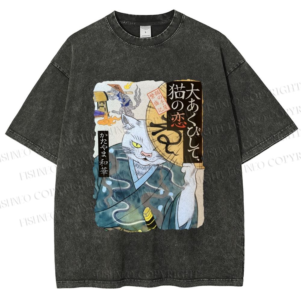 Unisex Ayako Ishiguro Japanese Ukiyo-e Weird Cat Printed Washed Tee