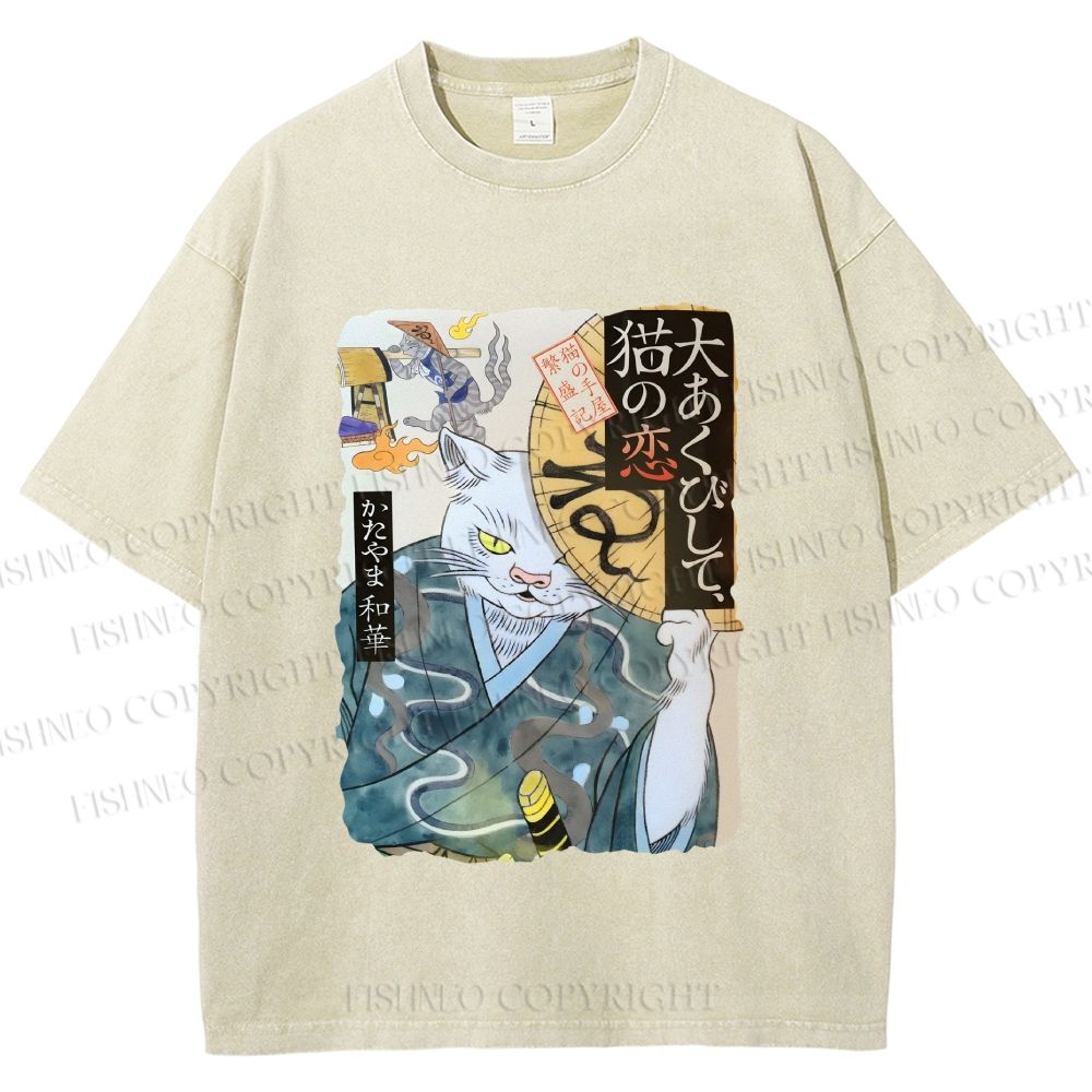 Unisex Ayako Ishiguro Japanese Ukiyo-e Weird Cat Printed Washed Tee