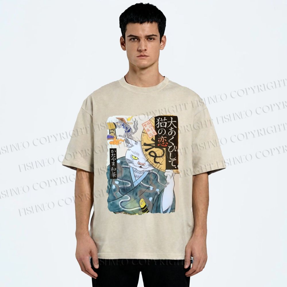 Unisex Ayako Ishiguro Japanese Ukiyo-e Weird Cat Printed Washed Tee