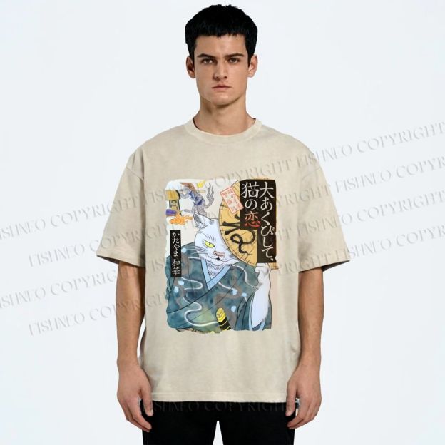 Unisex Ayako Ishiguro Japanese Ukiyo-e Weird Cat Printed Washed Tee