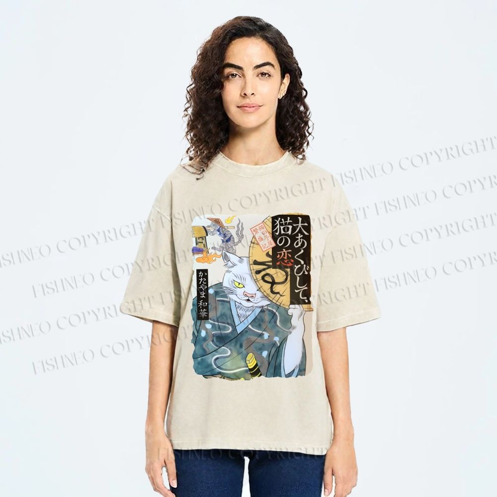 Unisex Ayako Ishiguro Japanese Ukiyo-e Weird Cat Printed Washed Tee