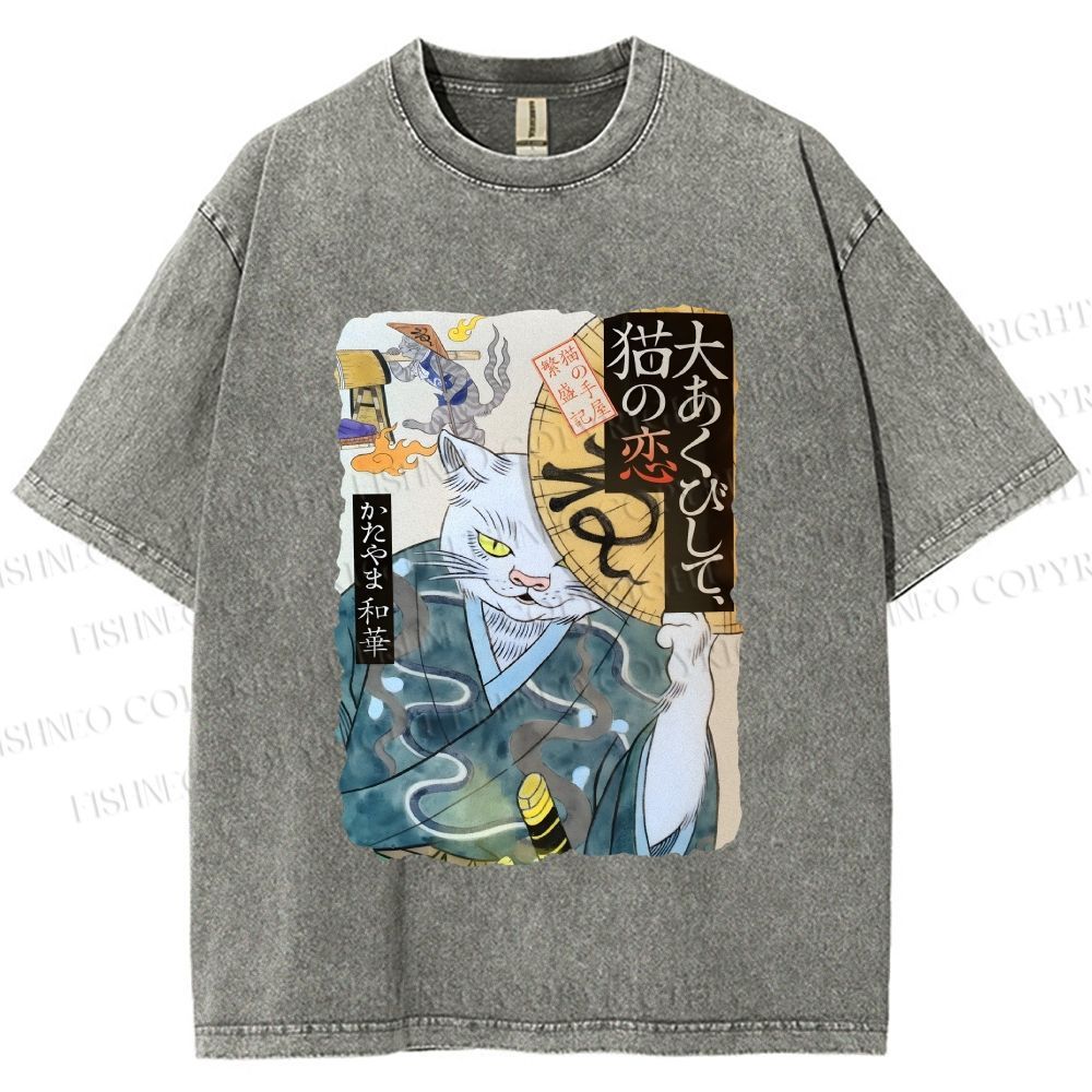 Unisex Ayako Ishiguro Japanese Ukiyo-e Weird Cat Printed Washed Tee