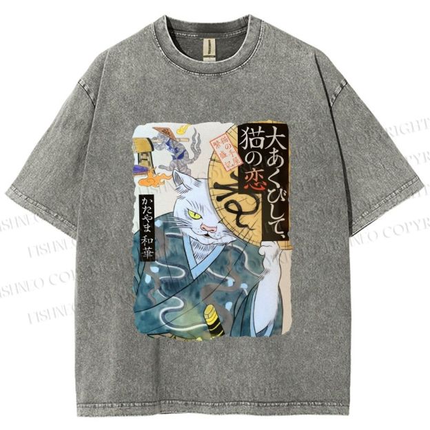 Unisex Ayako Ishiguro Japanese Ukiyo-e Weird Cat Printed Washed Tee