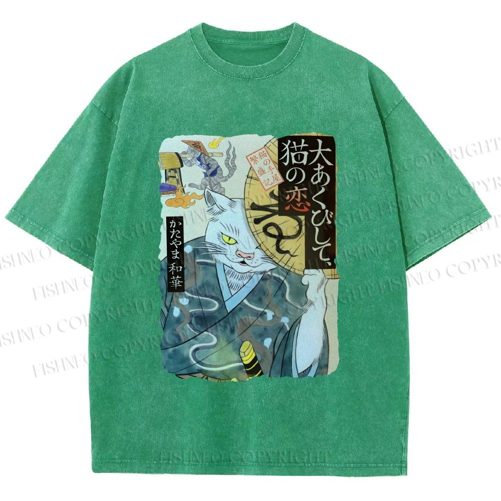 Unisex Ayako Ishiguro Japanese Ukiyo-e Weird Cat Printed Washed Tee