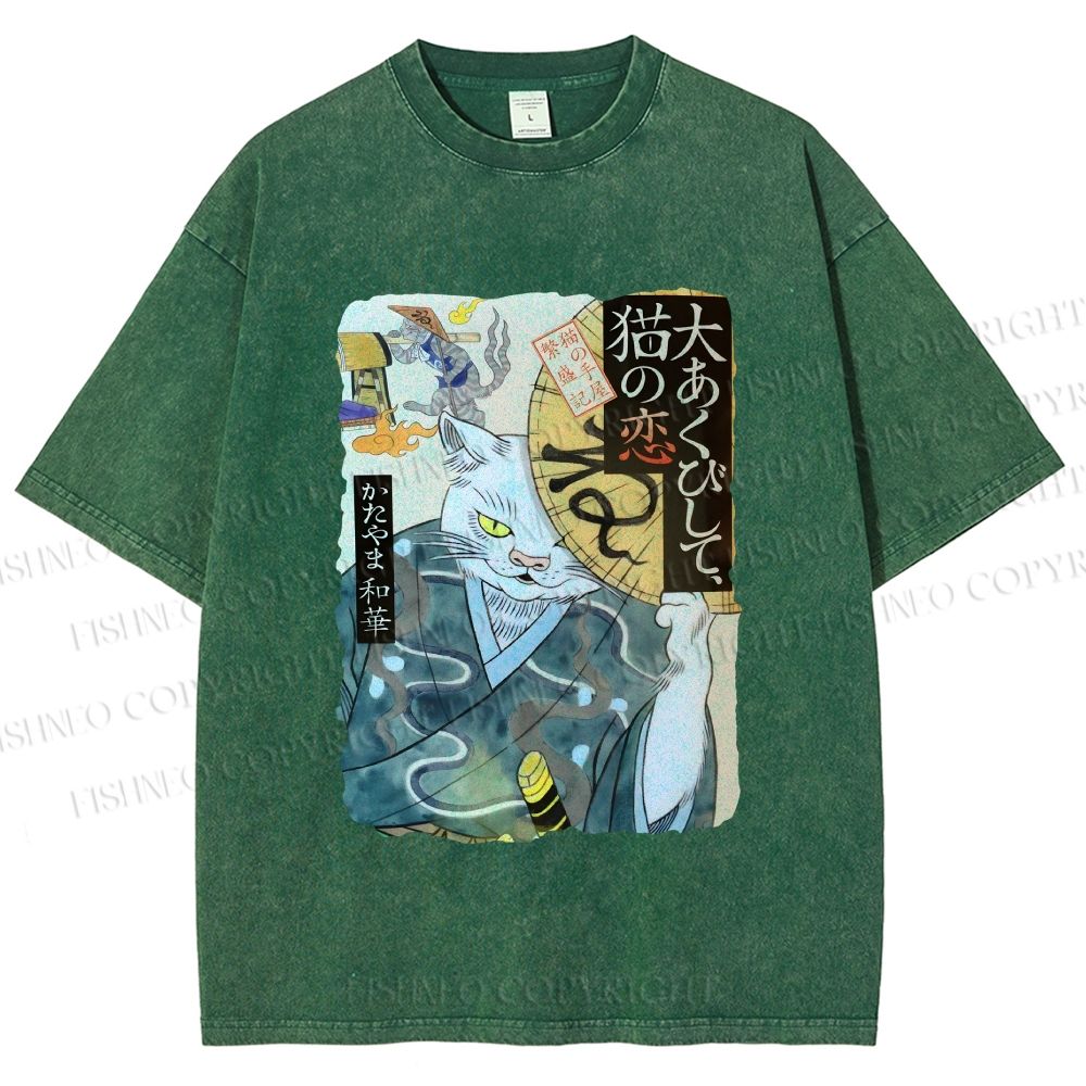 Unisex Ayako Ishiguro Japanese Ukiyo-e Weird Cat Printed Washed Tee