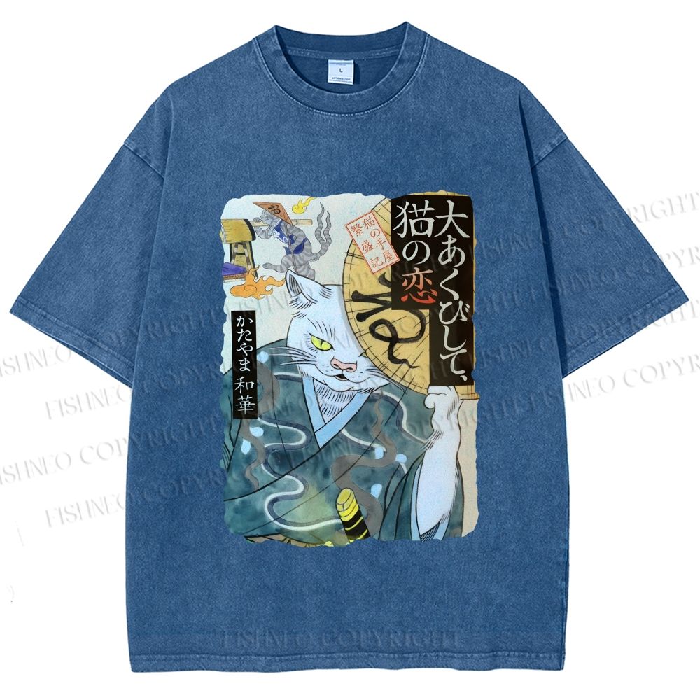 Unisex Ayako Ishiguro Japanese Ukiyo-e Weird Cat Printed Washed Tee
