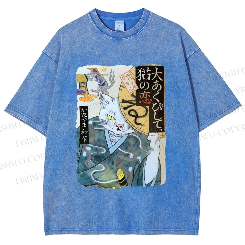 Unisex Ayako Ishiguro Japanese Ukiyo-e Weird Cat Printed Washed Tee