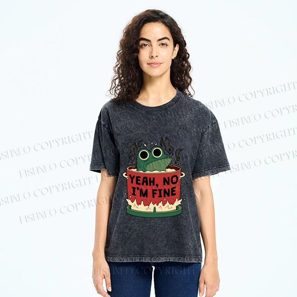 Unisex Yeah Im Fine Frog in Pot Printed Washed Tee