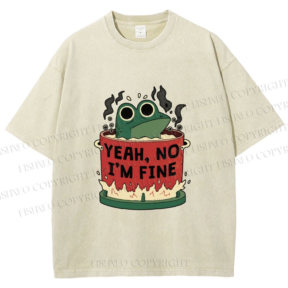 Unisex Yeah Im Fine Frog in Pot Printed Washed Tee