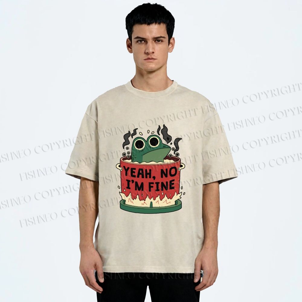 Unisex Yeah Im Fine Frog in Pot Printed Washed Tee