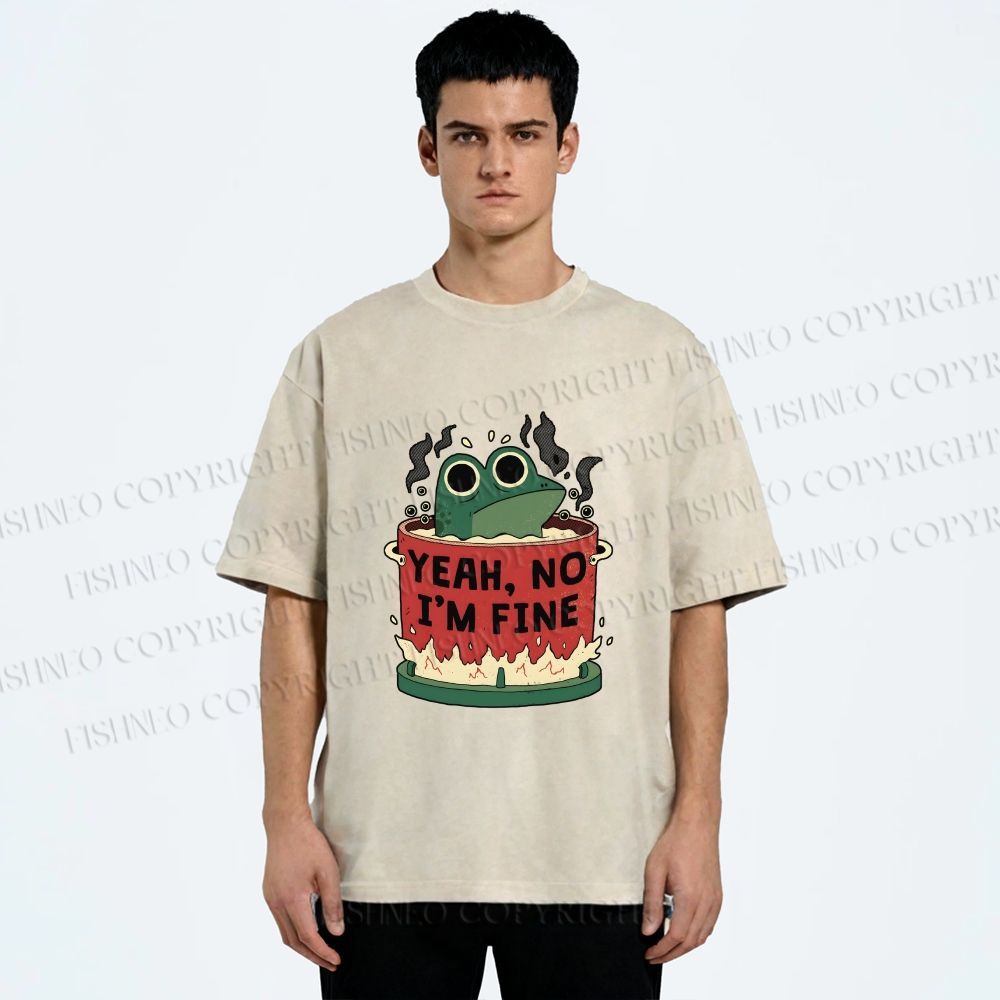 Unisex Yeah Im Fine Frog in Pot Printed Washed Tee