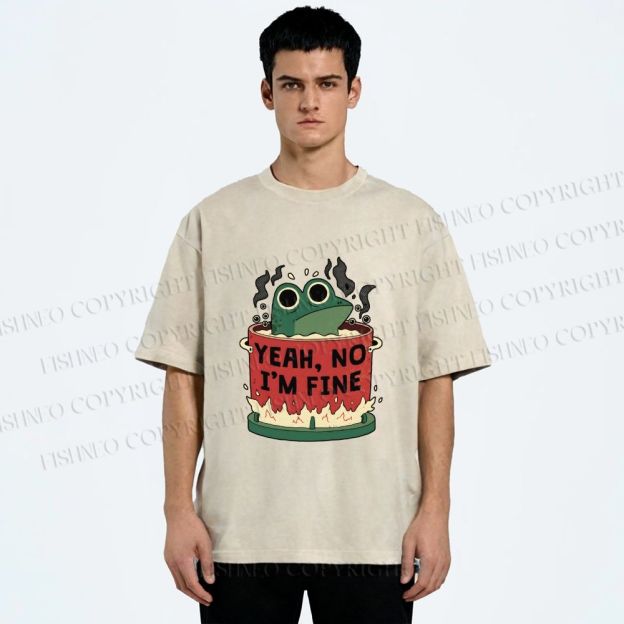 Unisex Yeah Im Fine Frog in Pot Printed Washed Tee