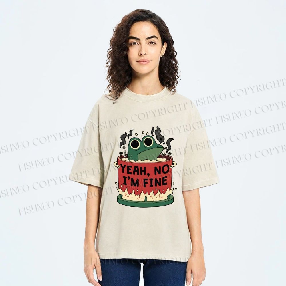 Unisex Yeah Im Fine Frog in Pot Printed Washed Tee