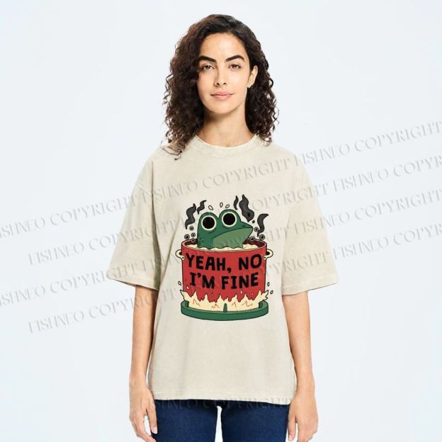 Unisex Yeah Im Fine Frog in Pot Printed Washed Tee