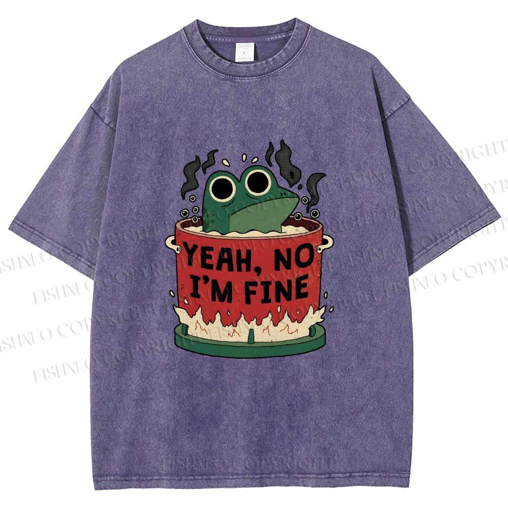 Unisex Yeah Im Fine Frog in Pot Printed Washed Tee