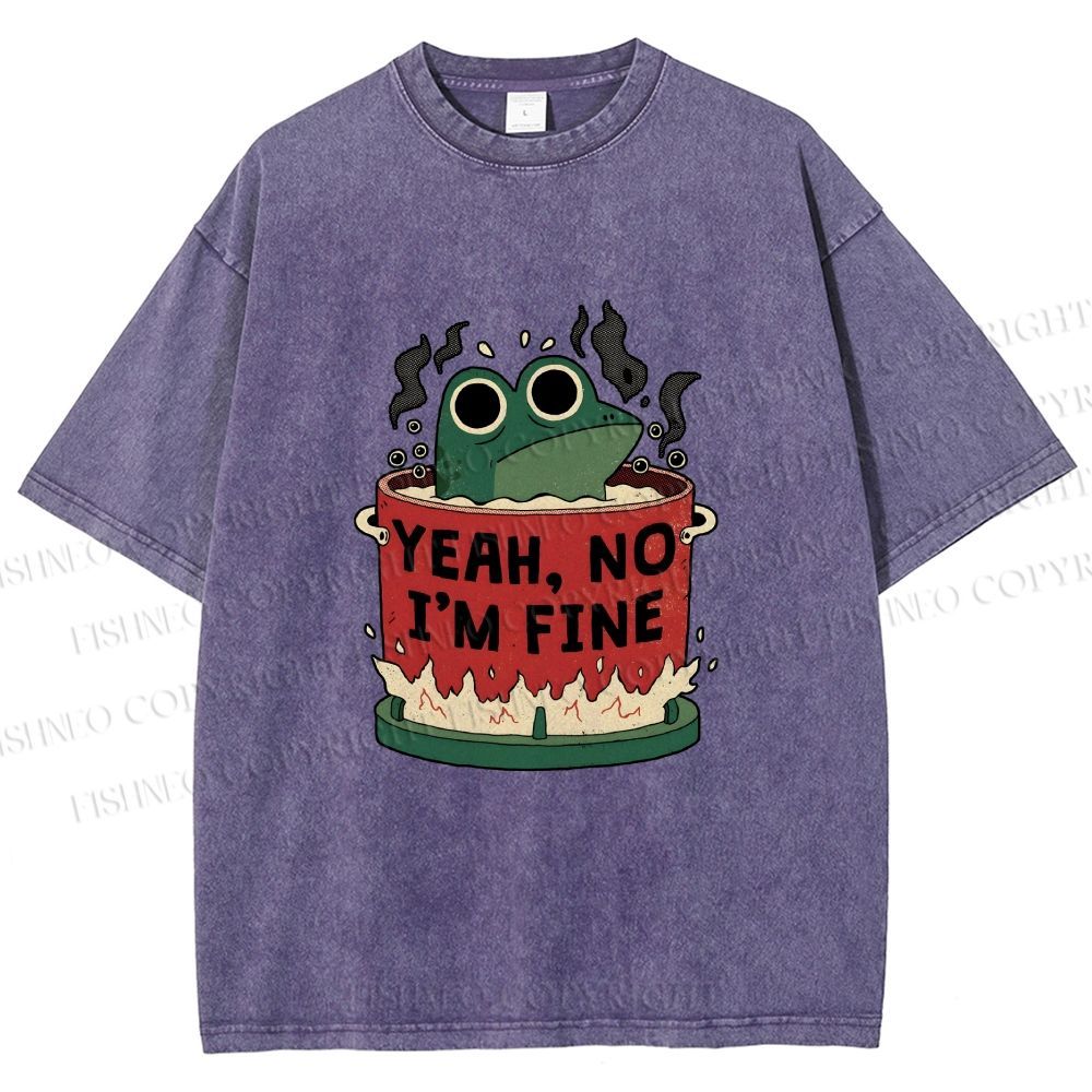Unisex Yeah Im Fine Frog in Pot Printed Washed Tee