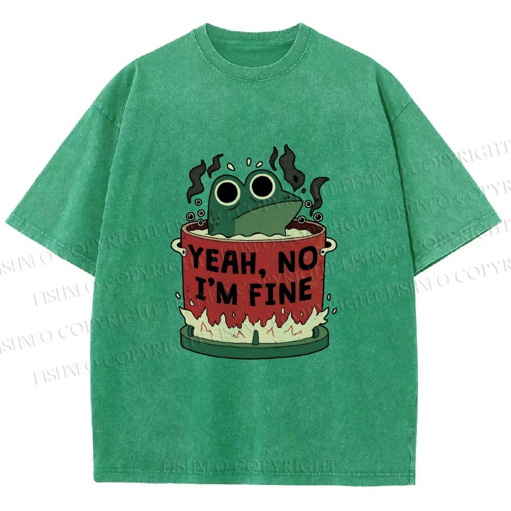 Unisex Yeah Im Fine Frog in Pot Printed Washed Tee