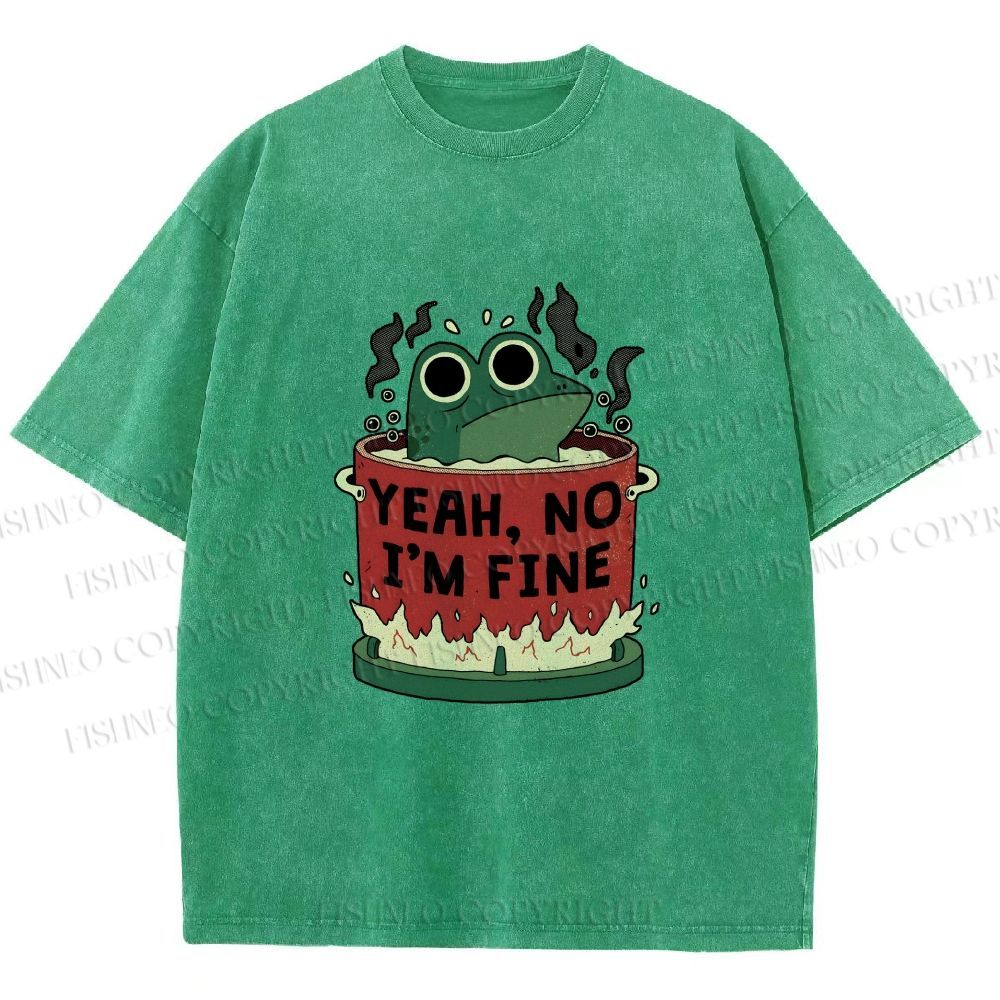 Unisex Yeah Im Fine Frog in Pot Printed Washed Tee