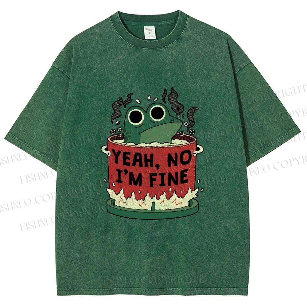 Unisex Yeah Im Fine Frog in Pot Printed Washed Tee