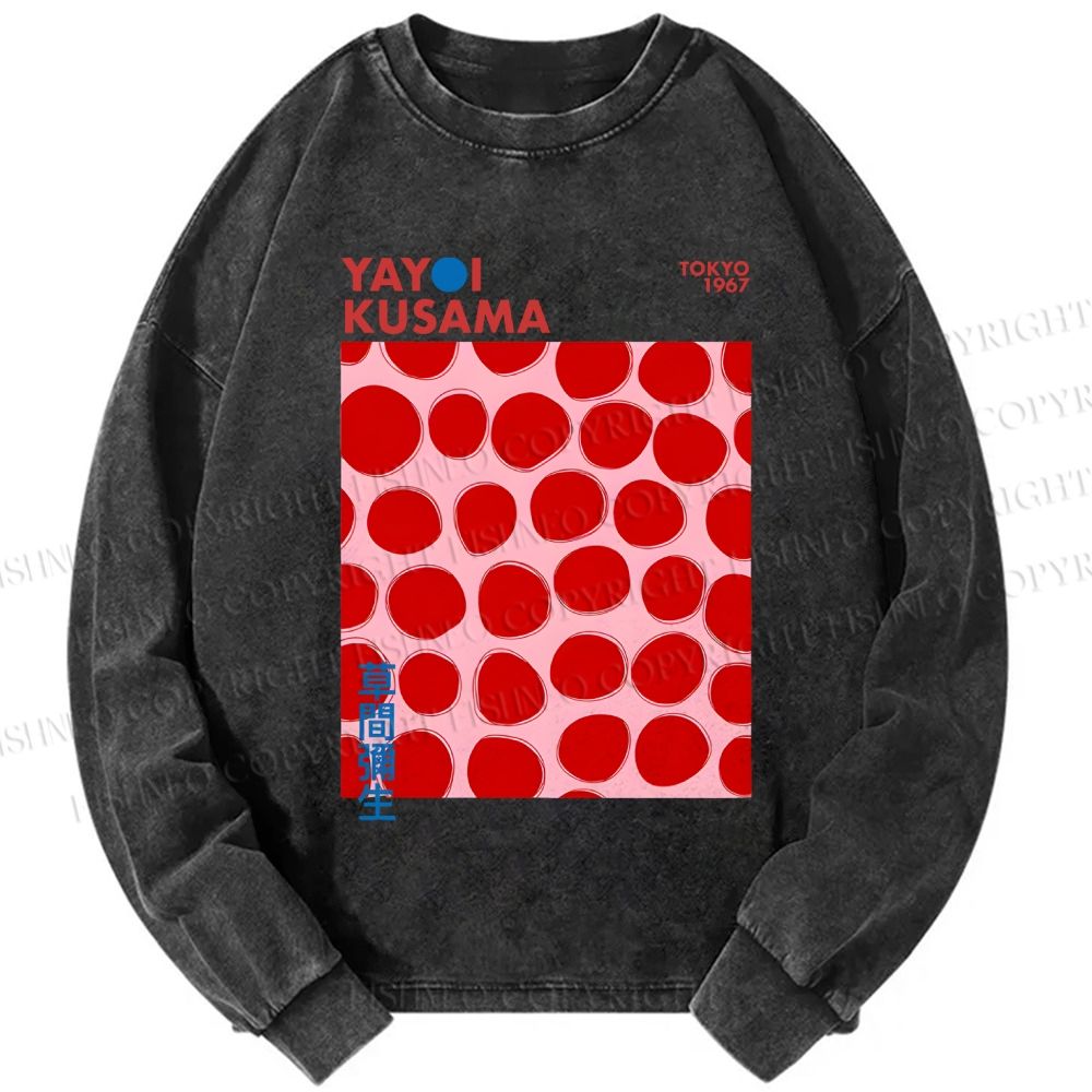 Unisex Casual Washed Yayoi Kusama Red Dots Printed Long Sleeve T-shirt