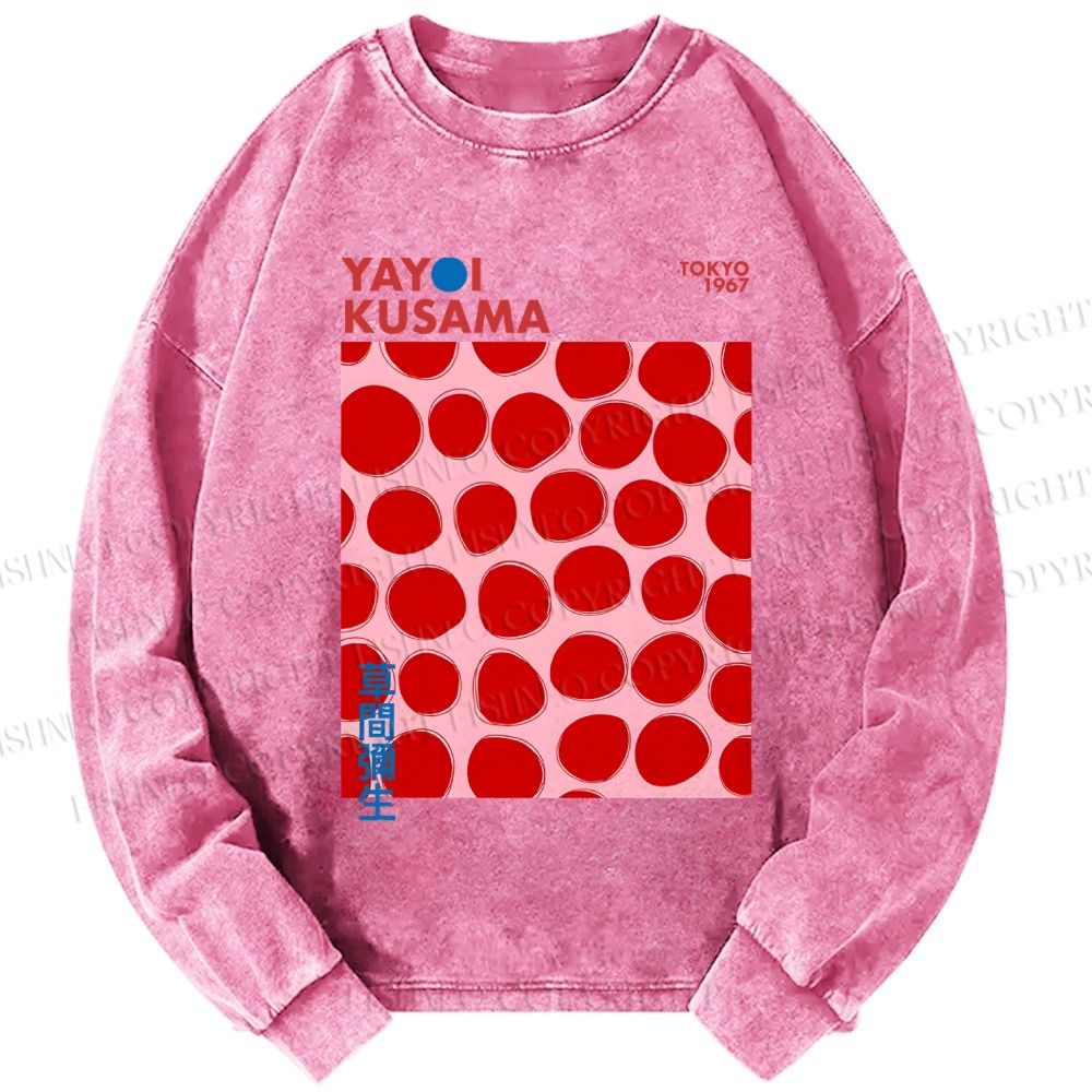 Unisex Casual Washed Yayoi Kusama Red Dots Printed Long Sleeve T-shirt