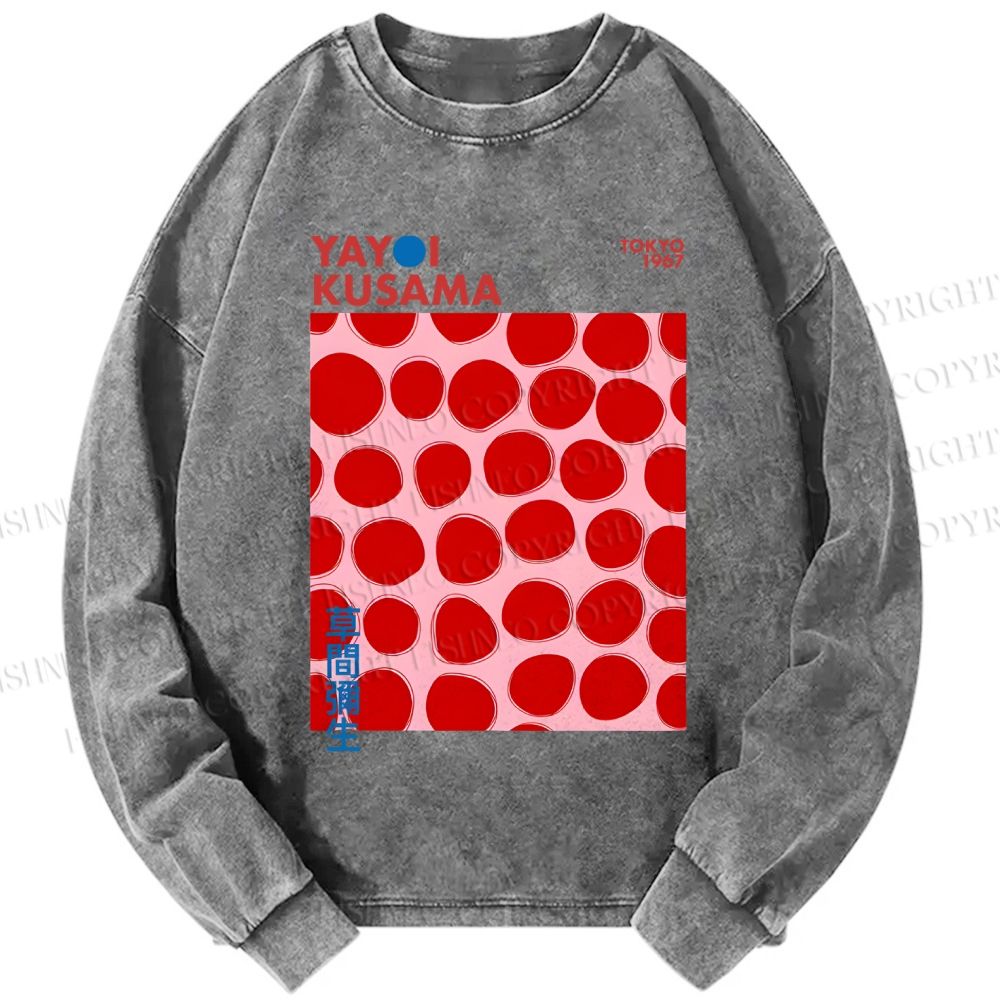 Unisex Casual Washed Yayoi Kusama Red Dots Printed Long Sleeve T-shirt