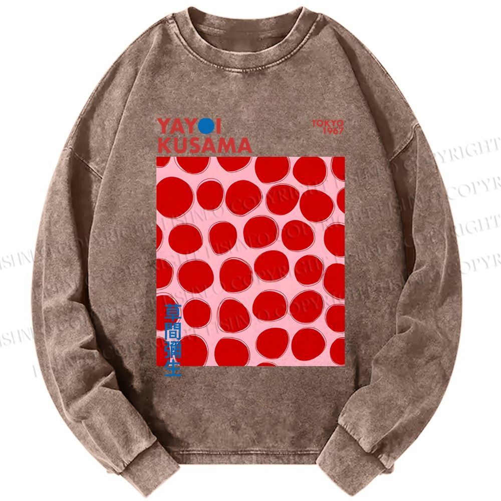 Unisex Casual Washed Yayoi Kusama Red Dots Printed Long Sleeve T-shirt