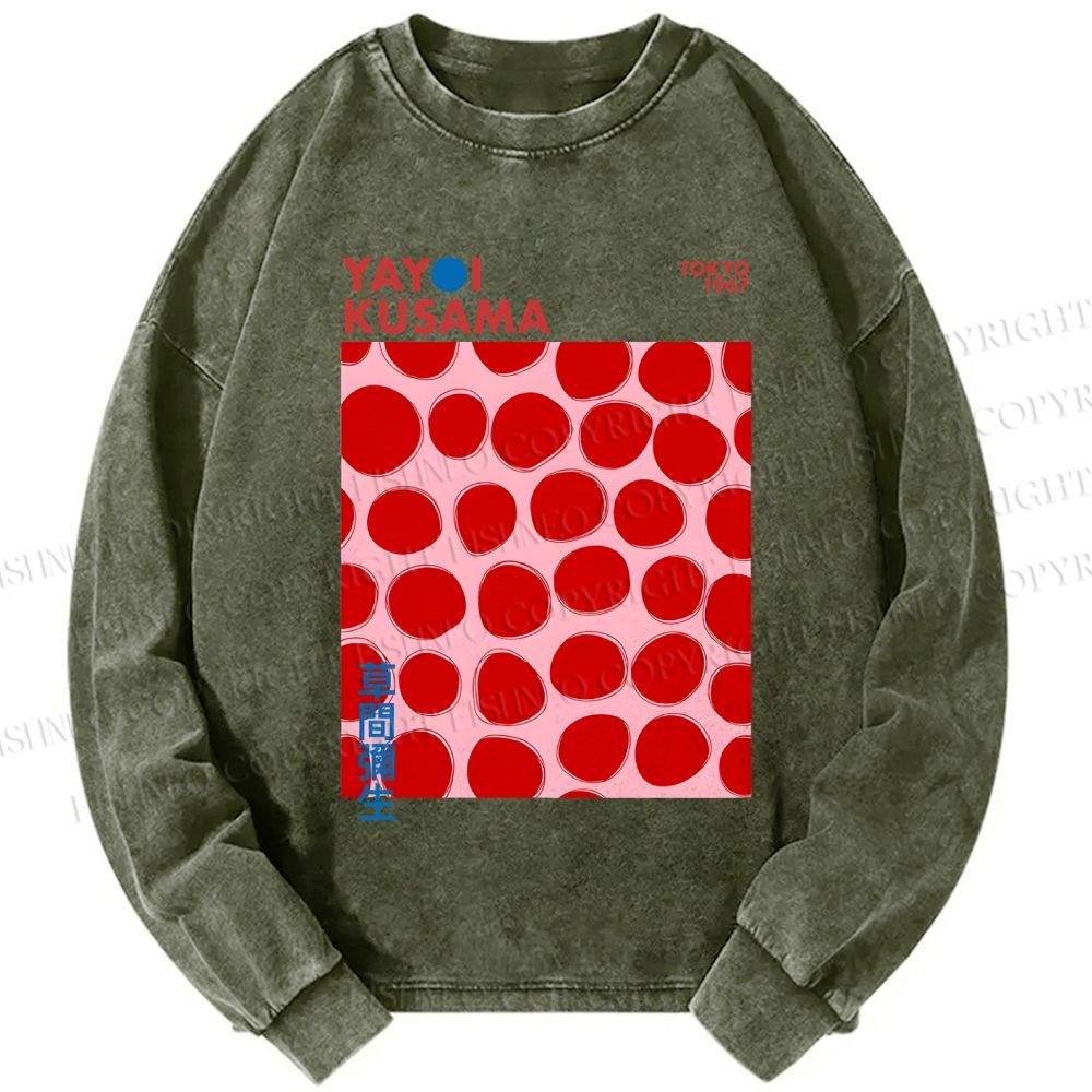 Unisex Casual Washed Yayoi Kusama Red Dots Printed Long Sleeve T-shirt