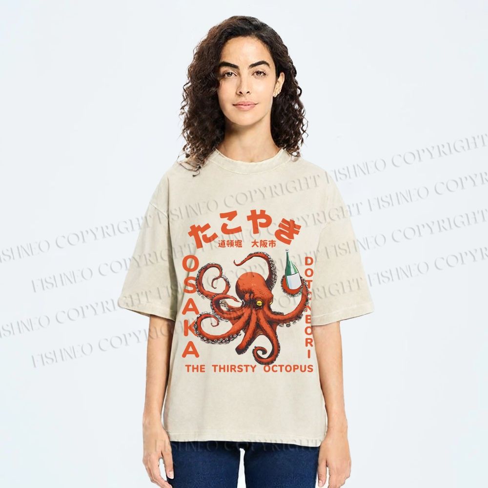 Unisex Osaka Thirsty Octopus Printed Washed Tee