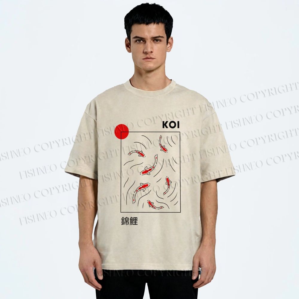 Unisex Japanese Koi Fish Printed Washed Tee
