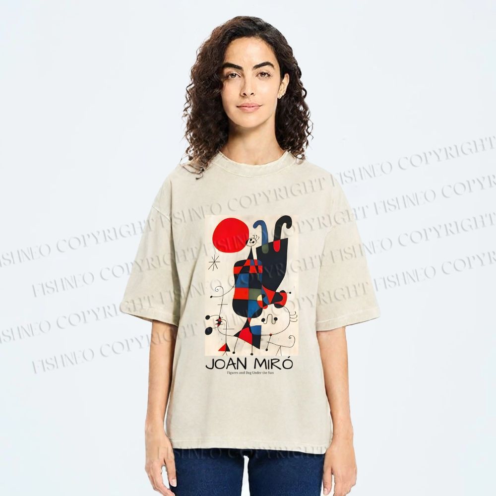 Unisex Figures And Dog Under The Sun Printed Washed Tee