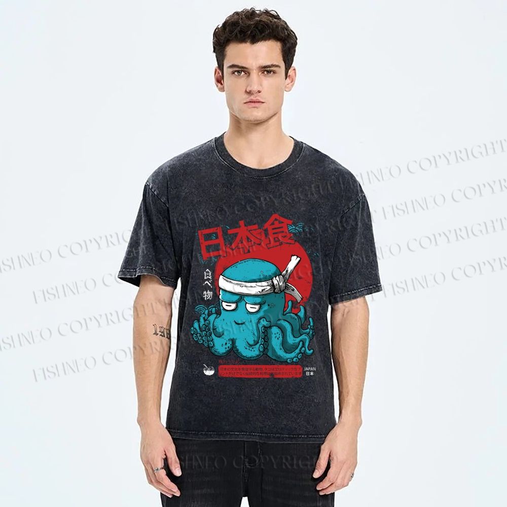 Unisex Japan Octopus Printed Washed Tee