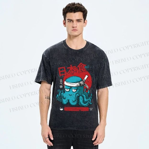 Unisex Japan Octopus Printed Washed Tee