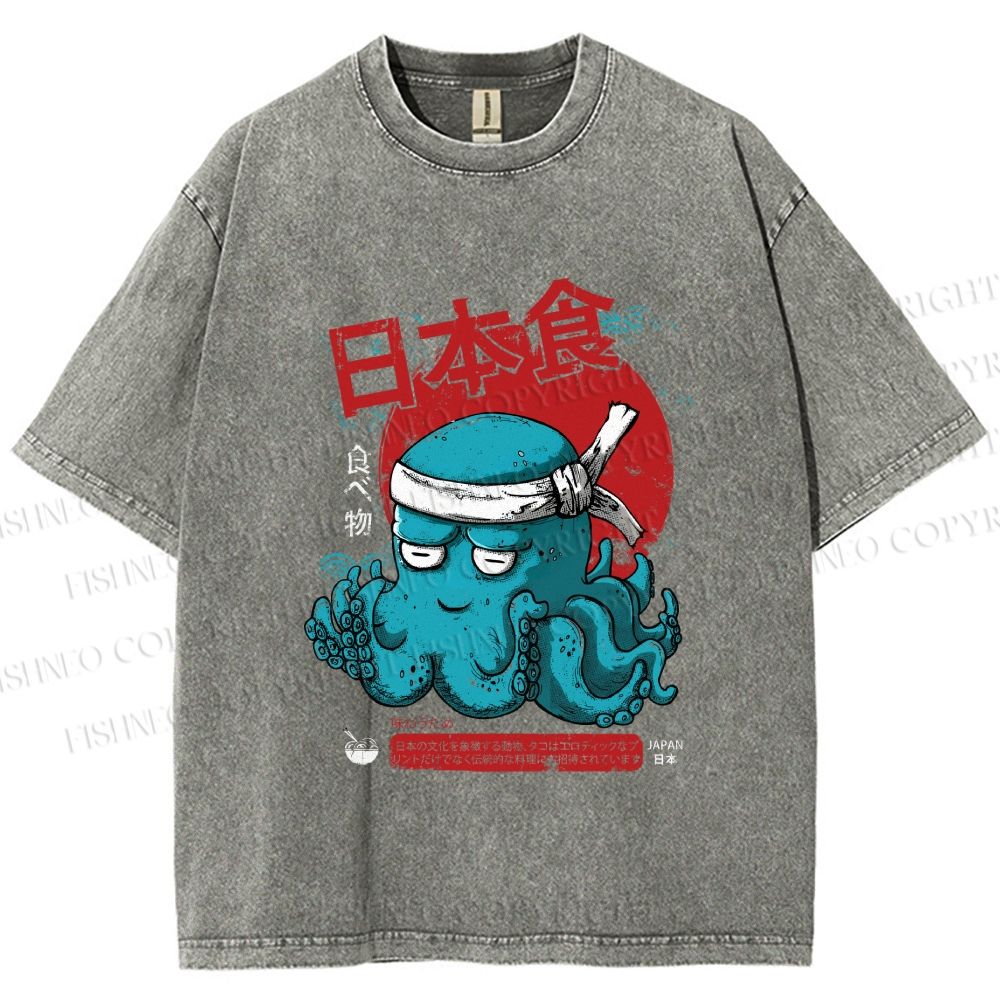 Unisex Japan Octopus Printed Washed Tee