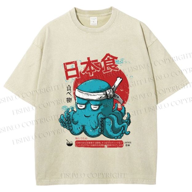 Unisex Japan Octopus Printed Washed Tee