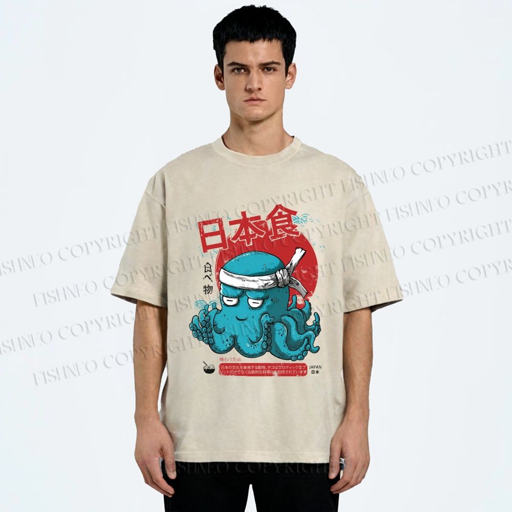 Unisex Japan Octopus Printed Washed Tee