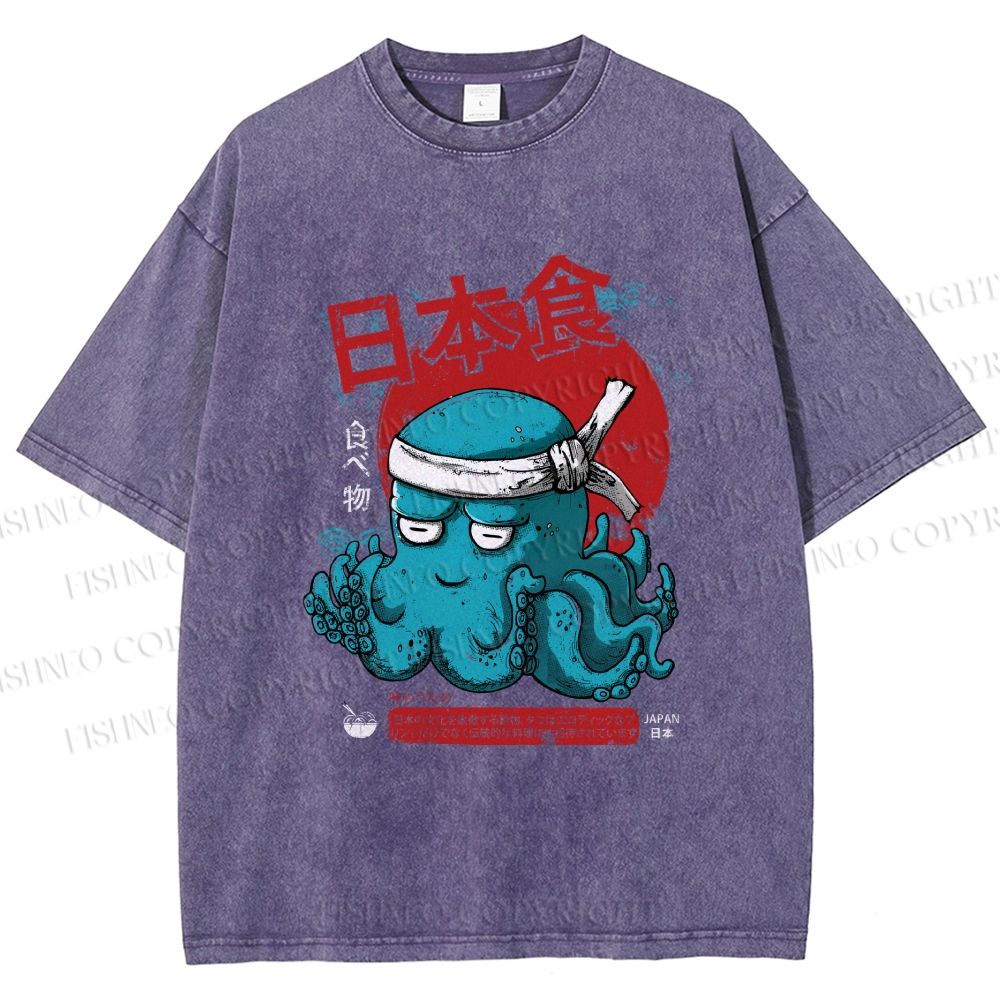 Unisex Japan Octopus Printed Washed Tee