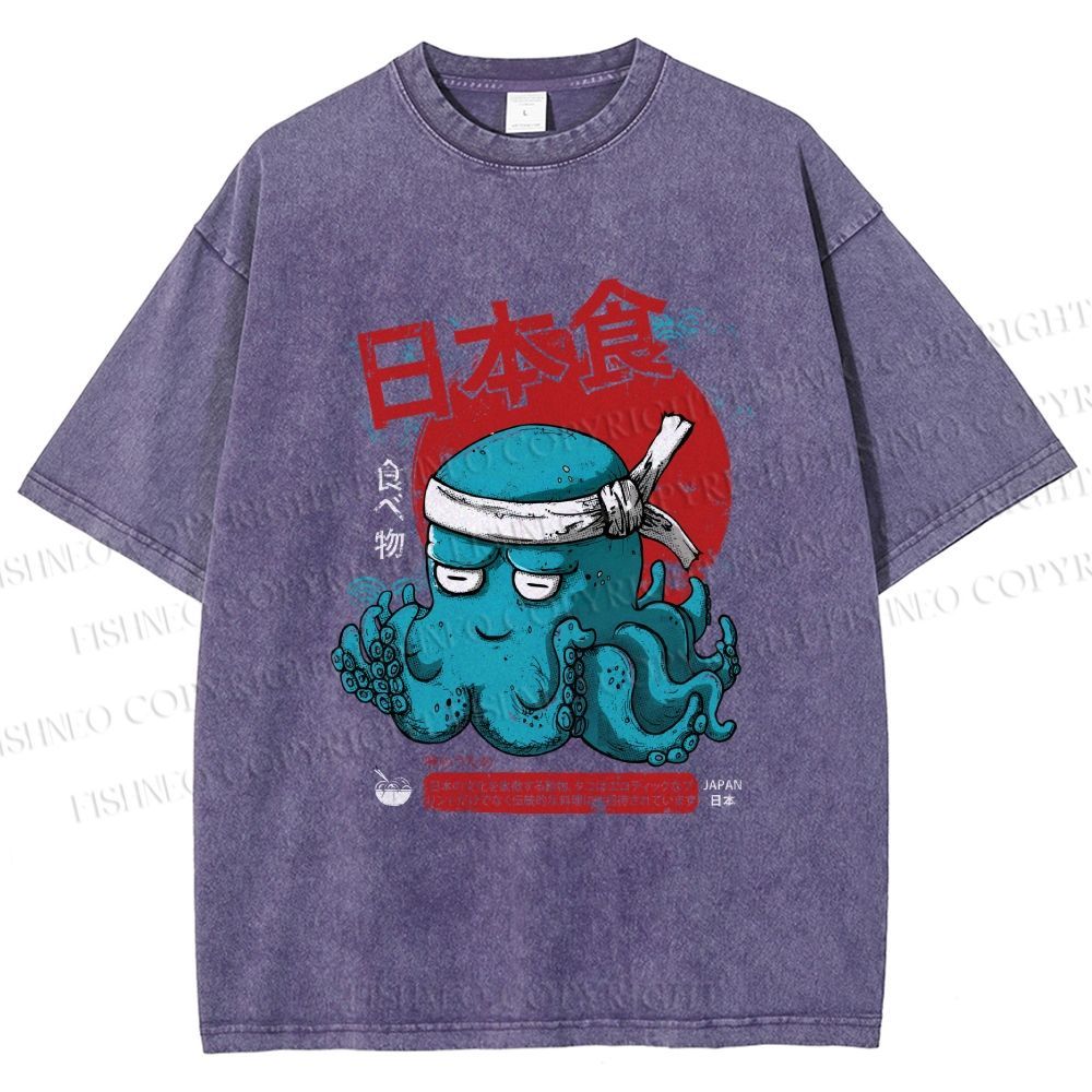 Unisex Japan Octopus Printed Washed Tee