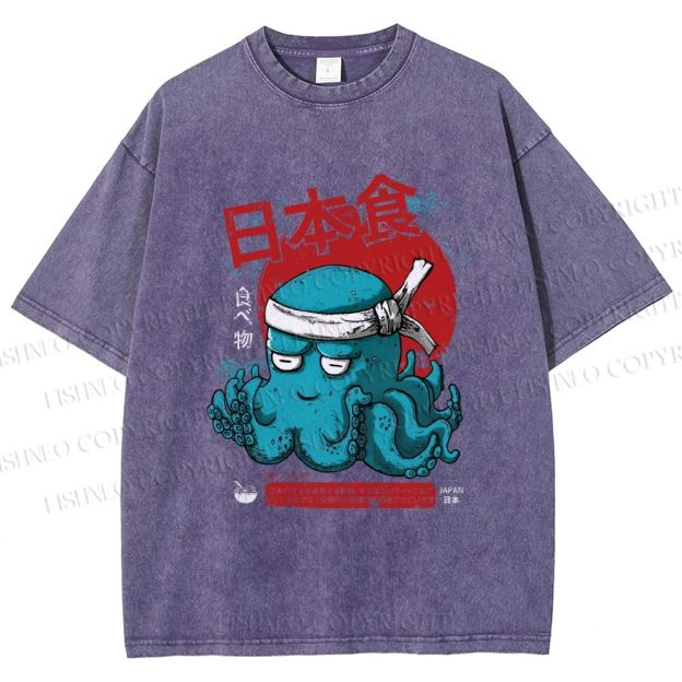 Unisex Japan Octopus Printed Washed Tee