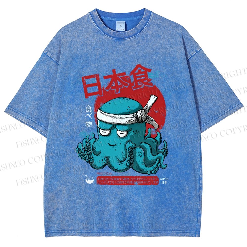 Unisex Japan Octopus Printed Washed Tee